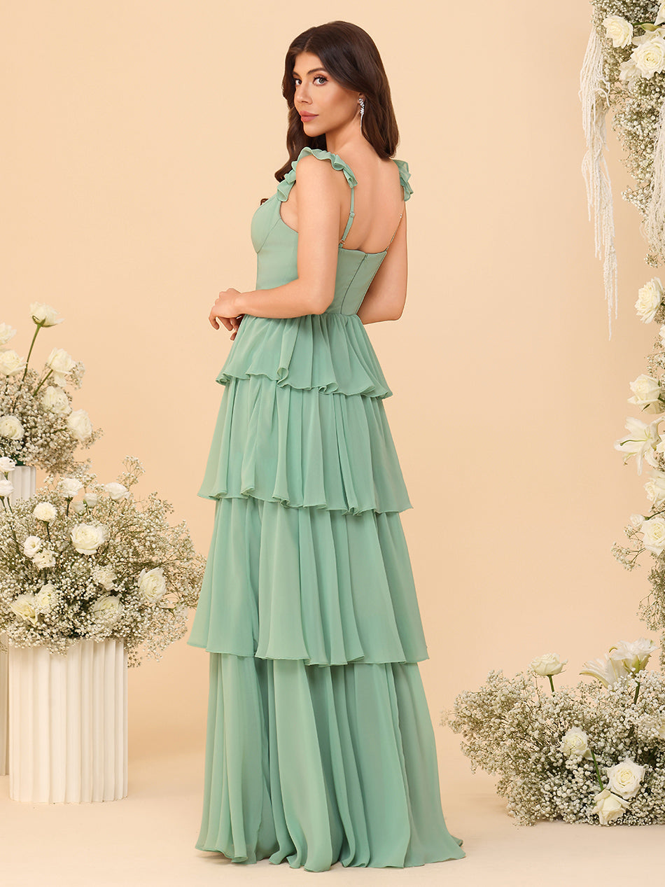 Ruffles Straps Chiffon Bridesmaid Dresses Layered with Slit