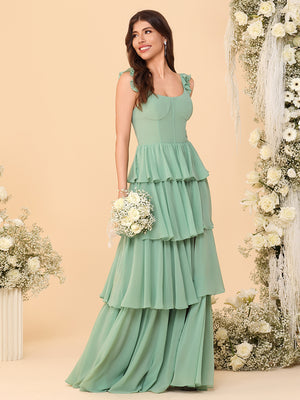 Ruffles Straps Chiffon Bridesmaid Dresses Layered with Slit