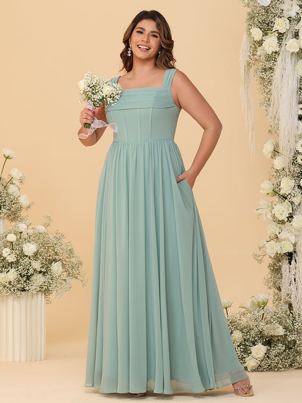 Wide Straps Chiffon Bridesmaid Dresses with Pleats