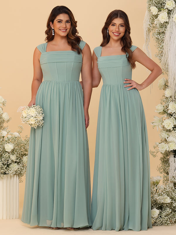 Wide Straps Chiffon Bridesmaid Dresses with Pleats