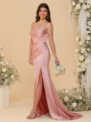 Spaghetti Straps Satin Bridesmaid Dresses with Pleats