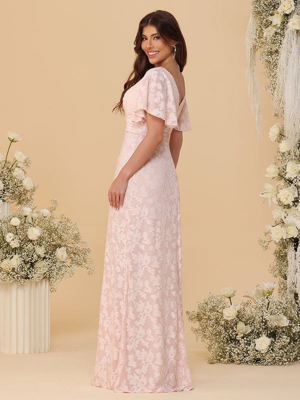 Short Sleeves Chiffon Floral Pleated Bridesmaid Dresses