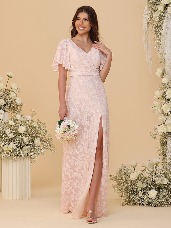 Short Sleeves Chiffon Floral Pleated Bridesmaid Dresses