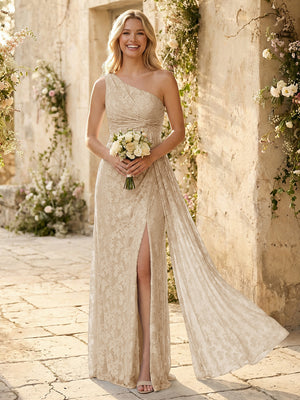 One Shoulder Chiffon Floral Bridesmaid Dresses with Slit