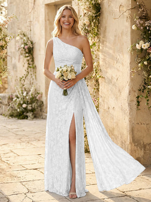 One Shoulder Chiffon Floral Bridesmaid Dresses with Slit