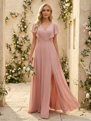 Short Sleeves V Neck Chiffon Bridesmaid Dresses with Slit