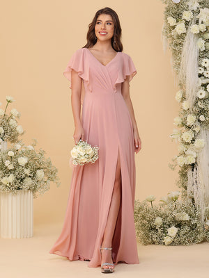 Short Sleeves V Neck Chiffon Bridesmaid Dresses with Slit