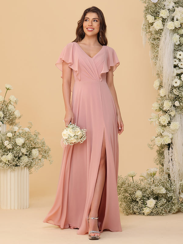 Short Sleeves V Neck Chiffon Bridesmaid Dresses with Slit