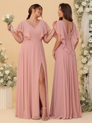 Short Sleeves V Neck Chiffon Bridesmaid Dresses with Slit