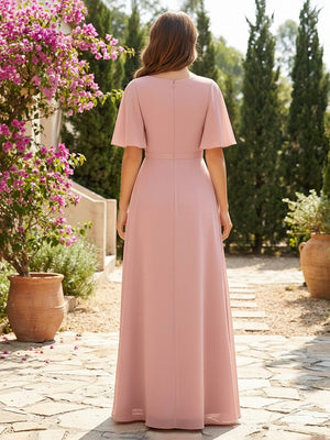 Chiffon V Neck Pleated Short Sleeves Bridesmaid Dresses with Slit