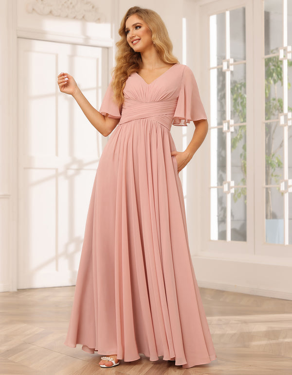 Chiffon V Neck Pleated Short Sleeves Bridesmaid Dresses with Slit