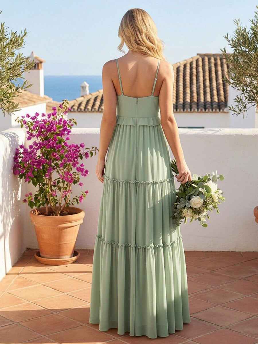 Tiered Spaghetti Straps V-Neck Bridesmaid Dresses Ruched Chiffon A-Line Wedding Guest Gowns