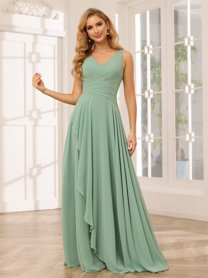 Chiffon V Neck Ruffles Pleated Bridesmaid Dresses for Wedding Party