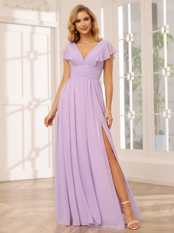 Chiffon V Neck Ruffles Pleated Bridesmaid Dresses with Slit