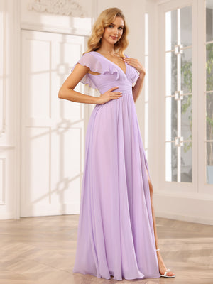 Chiffon V Neck Ruffles Pleated Bridesmaid Dresses with Slit
