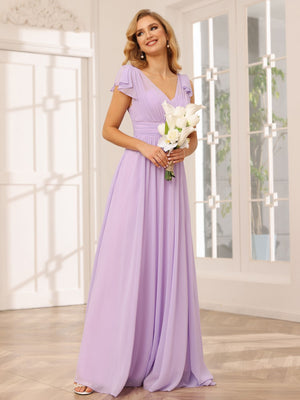 Chiffon V Neck Bow A Line Pleated Bridesmaid Dresses
