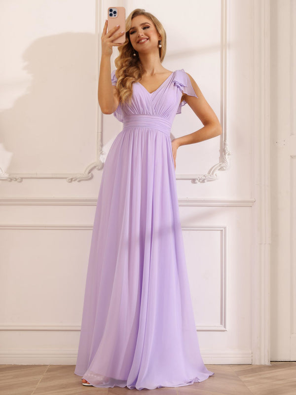 Chiffon V Neck Bow A Line Pleated Bridesmaid Dresses