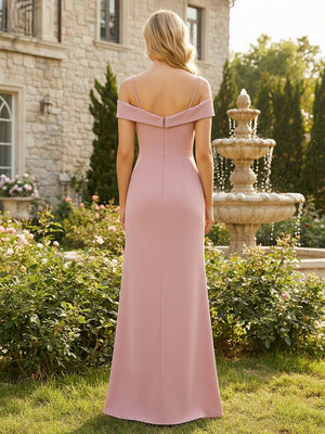 Chiffon Spaghetti Straps Ruffles Off the Shoulder Pleated Bridesmaid Dresses with Slit