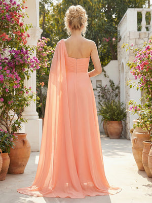 Chiffon One Shoulder Corset Pleated High Slit Bridesmaid Dresses with Cap