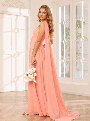 Chiffon One Shoulder Corset Pleated High Slit Bridesmaid Dresses with Cap