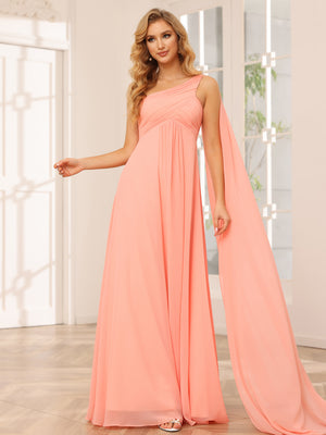 Chiffon One Shoulder Corset Pleated High Slit Bridesmaid Dresses with Cap