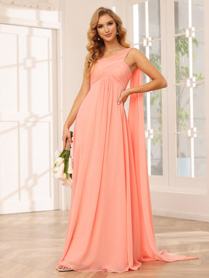 Chiffon One Shoulder Corset Pleated High Slit Bridesmaid Dresses with Cap