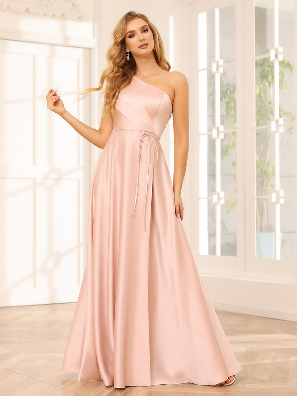 Satin One Shoulder Corset Pleated A Line Bridesmaid Dresses