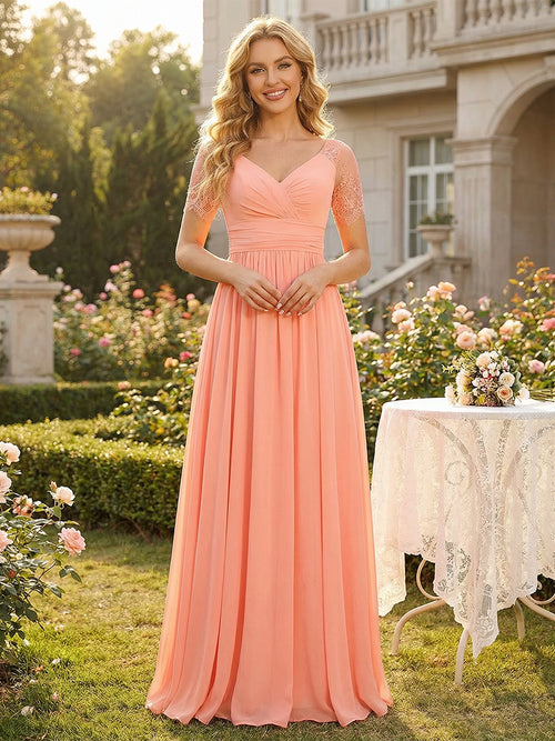 Chiffon V Neck Lace Appliques A Line Pleated Bridesmaid Dresses