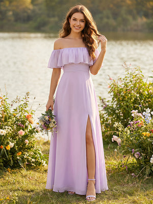 Chiffon Strapless Ruffles A Line Bridesmaid Dresses with Slit