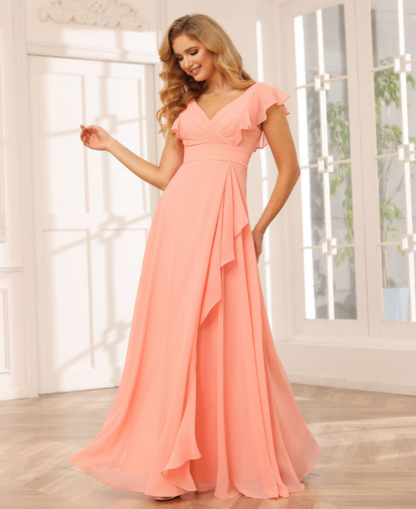 Chiffon Ruffles Short Sleeves A Line V Neck Pleated Bridesmaid Dresses