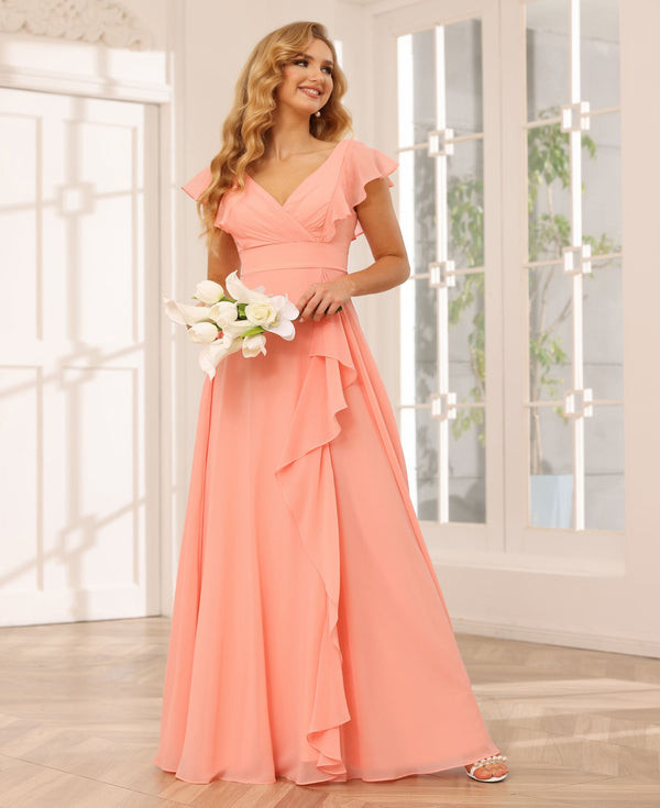 Chiffon Ruffles Short Sleeves A Line V Neck Pleated Bridesmaid Dresses