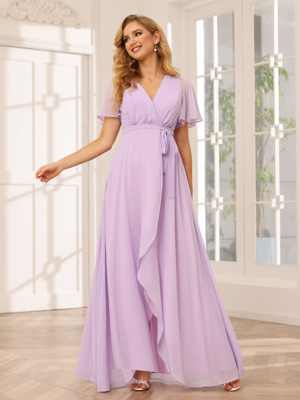 Chiffon Bow Short Sleeves A Line V Neck Pleated Bridesmaid Dresses