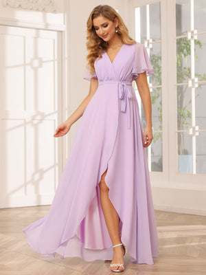 Chiffon Bow Short Sleeves A Line V Neck Pleated Bridesmaid Dresses