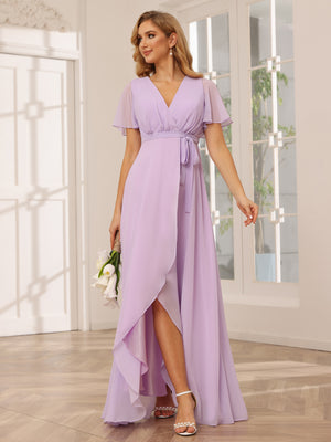 Chiffon Bow Short Sleeves A Line V Neck Pleated Bridesmaid Dresses