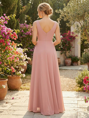 Chiffon V Neck High Low Ruffles Pleated Bridesmaid Dresses