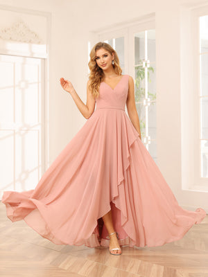 Chiffon V Neck High Low Ruffles Pleated Bridesmaid Dresses