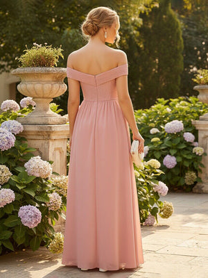 Chiffon Off the Shoulder Sweetheart Pleated Bridesmaid Dresses with Slit