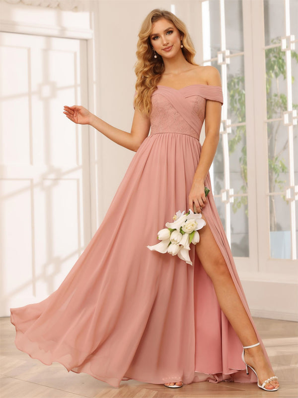 Chiffon Off the Shoulder Sweetheart Pleated Bridesmaid Dresses with Slit