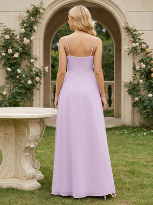Chiffon Spaghetti Straps Ruffles V Neck Pleated Bridesmaid Dresses with Slit