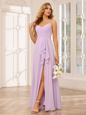 Chiffon Spaghetti Straps Ruffles V Neck Pleated Bridesmaid Dresses with Slit