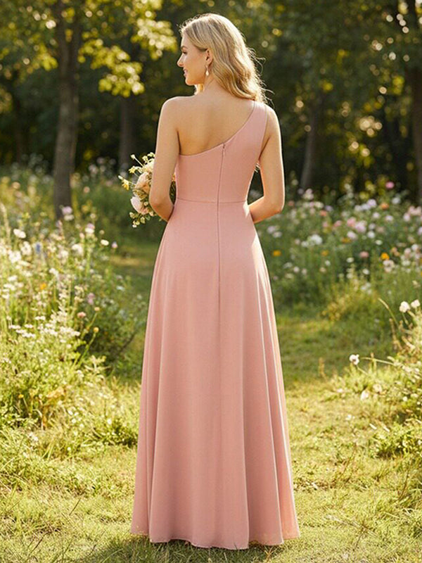 Chiffon One Shoulder Corset Pleated Bridesmaid Dresses with Slit