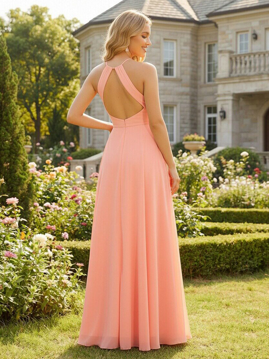 Chiffon Halter Cut Out Corset Pleated Bridesmaid Dresses with Slit