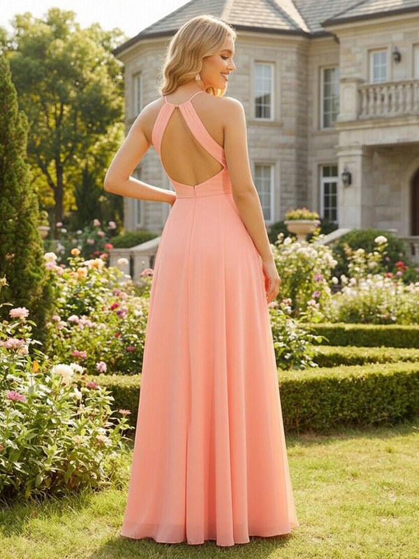 Chiffon Halter Cut Out Corset Pleated Bridesmaid Dresses with Slit