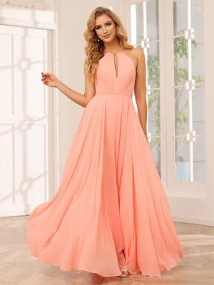Chiffon Halter Cut Out Corset Pleated Bridesmaid Dresses with Slit