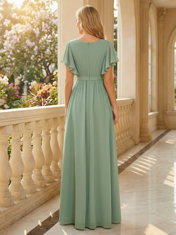 Chiffon Bow Short Sleeves A Line V Neck Pleated Bridesmaid Dresses