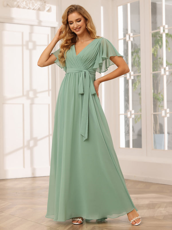 Chiffon Bow Short Sleeves A Line V Neck Pleated Bridesmaid Dresses