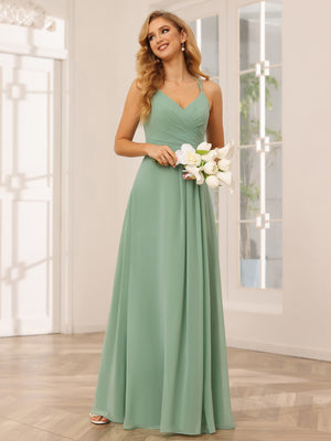 Chiffon V Neck Spaghetti Straps A Line Pleated Bridesmaid Dresses