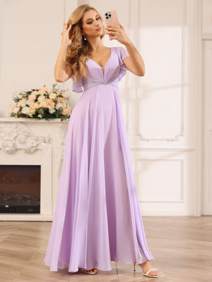 Chiffon Short Sleeves A Line V Neck Pleated Bridesmaid Dresses with Slit