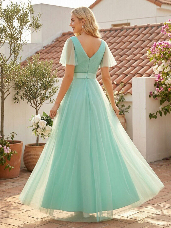 Tulle Short Sleeves A Line V Neck Pleated Bridesmaid Dresses