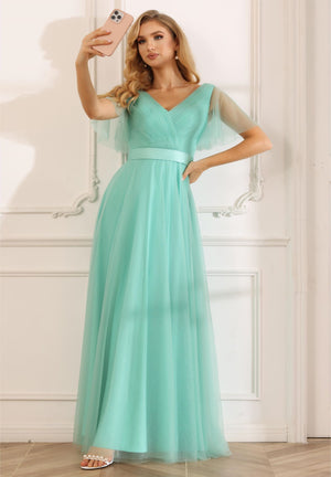 Tulle Short Sleeves A Line V Neck Pleated Bridesmaid Dresses